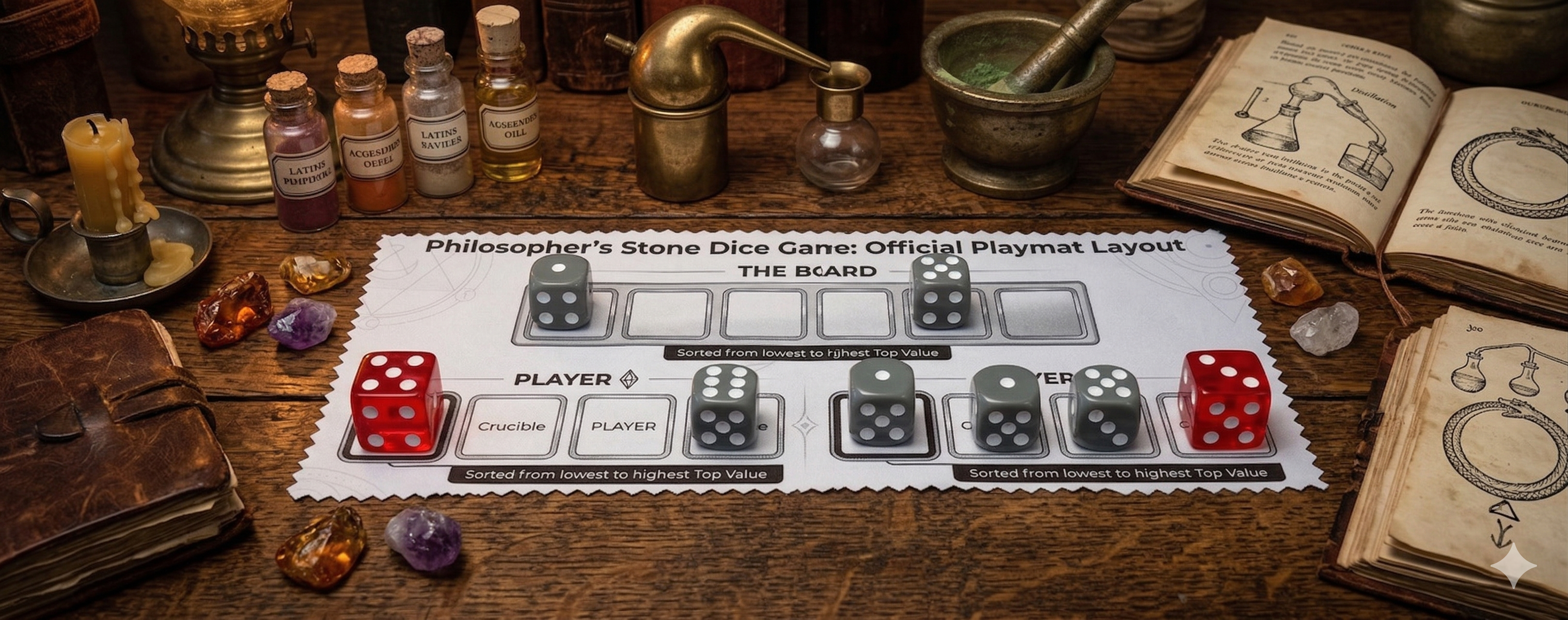 Philosopher's Stone Dice Game playmat on a wooden table with dice, books, and alchemical props.