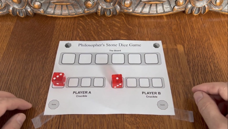 Red Crystal dice placed beside Crucibles with tops and Facings Players values visible