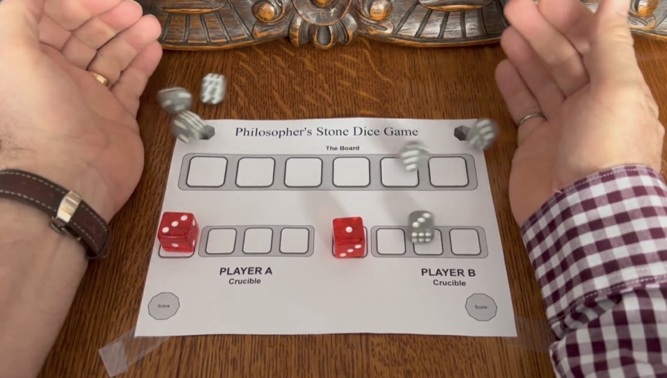 Six gray dice being rolled for the draft pool
