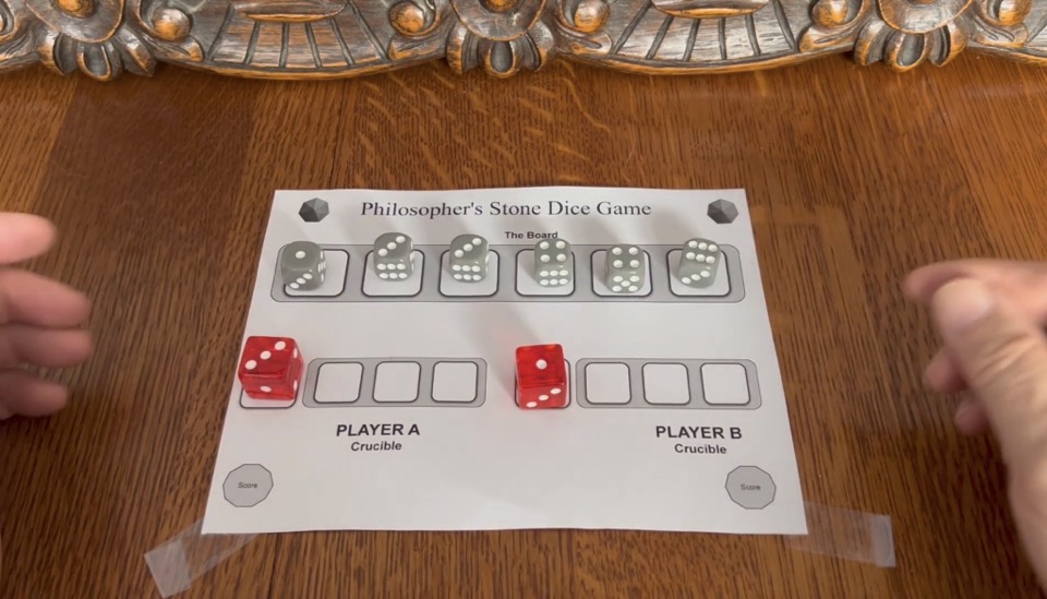 Six gray dice in the draft pool row after setup