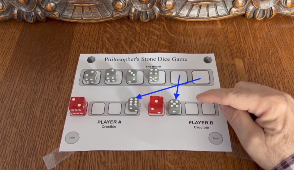 Middle game — board with both players’ Crucible dice after draft picks